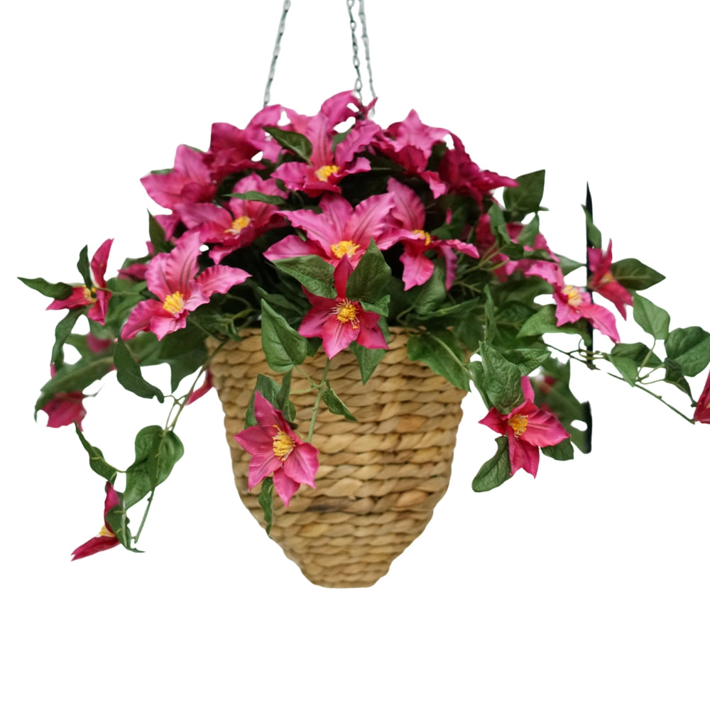 Pink Faux Clematis In Natural Hyacinth Hanging Basket