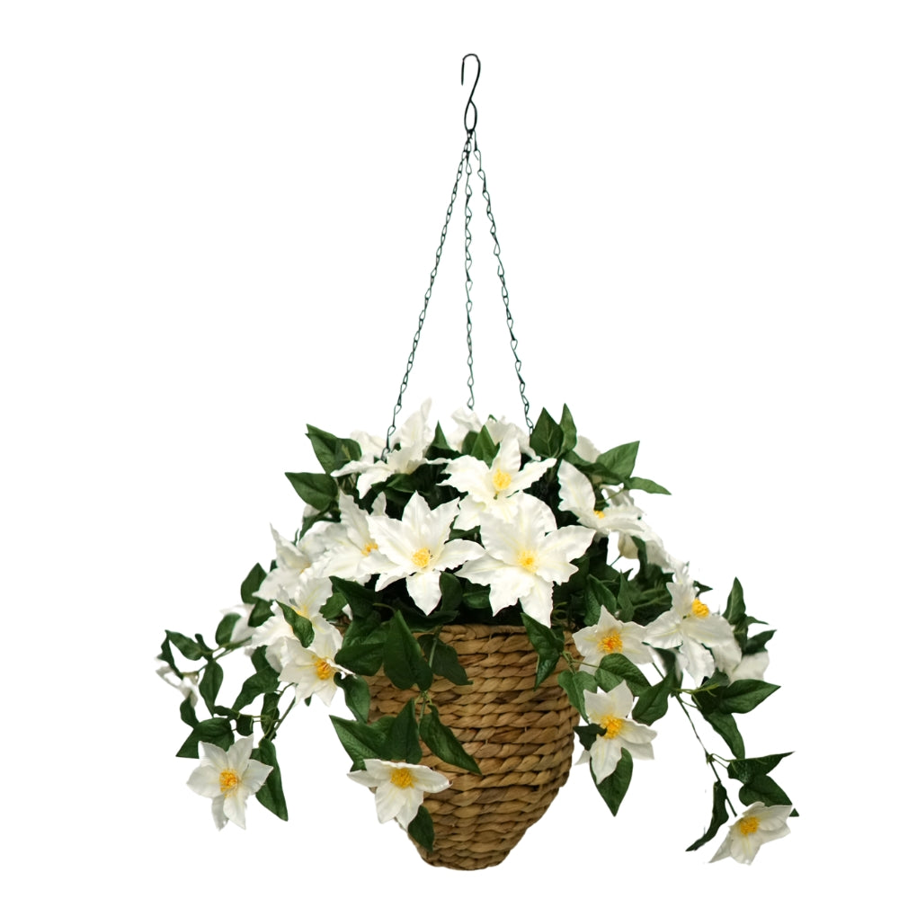 31" White Faux Clematis Arrangement In Natural Hyacinth Hanging Basket