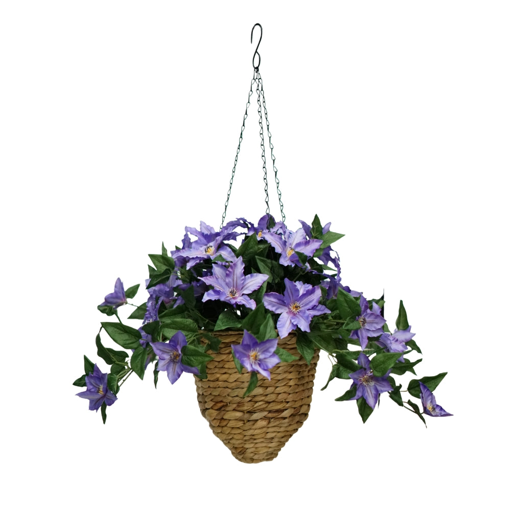 31" Lavender Faux Clematis Arrangement in Natural Hyacinth Hanging Basket