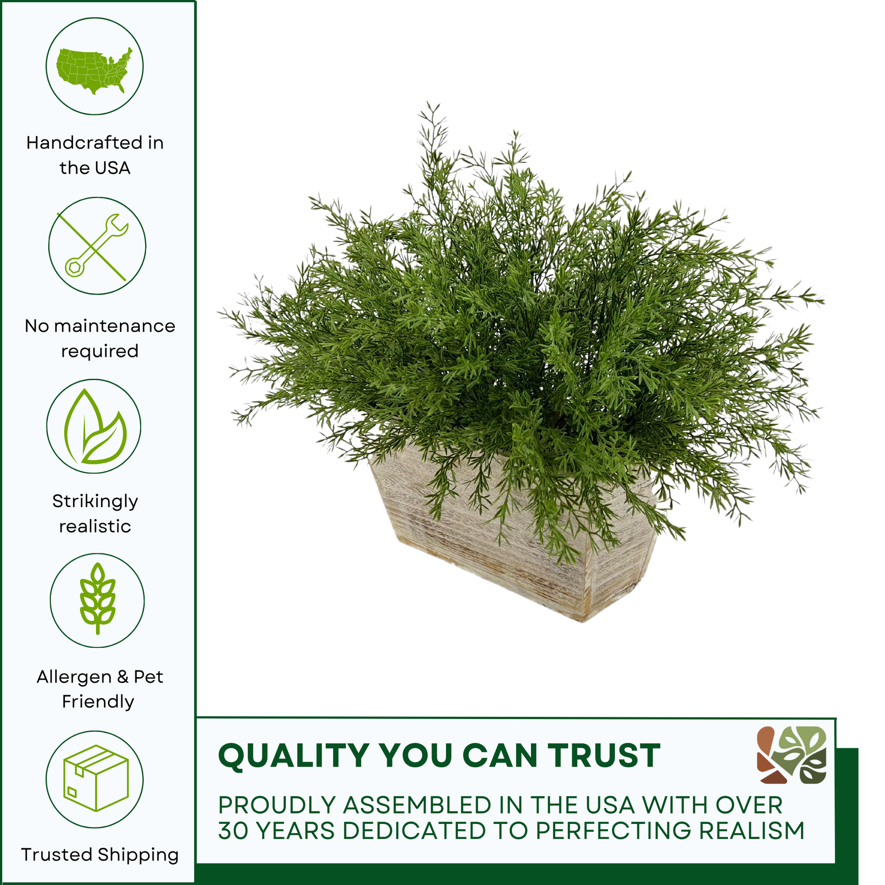 Faux asparagus fern in white wash wood mini ledge against a white background, featuring quality assurances, by House of Silk Flowers.