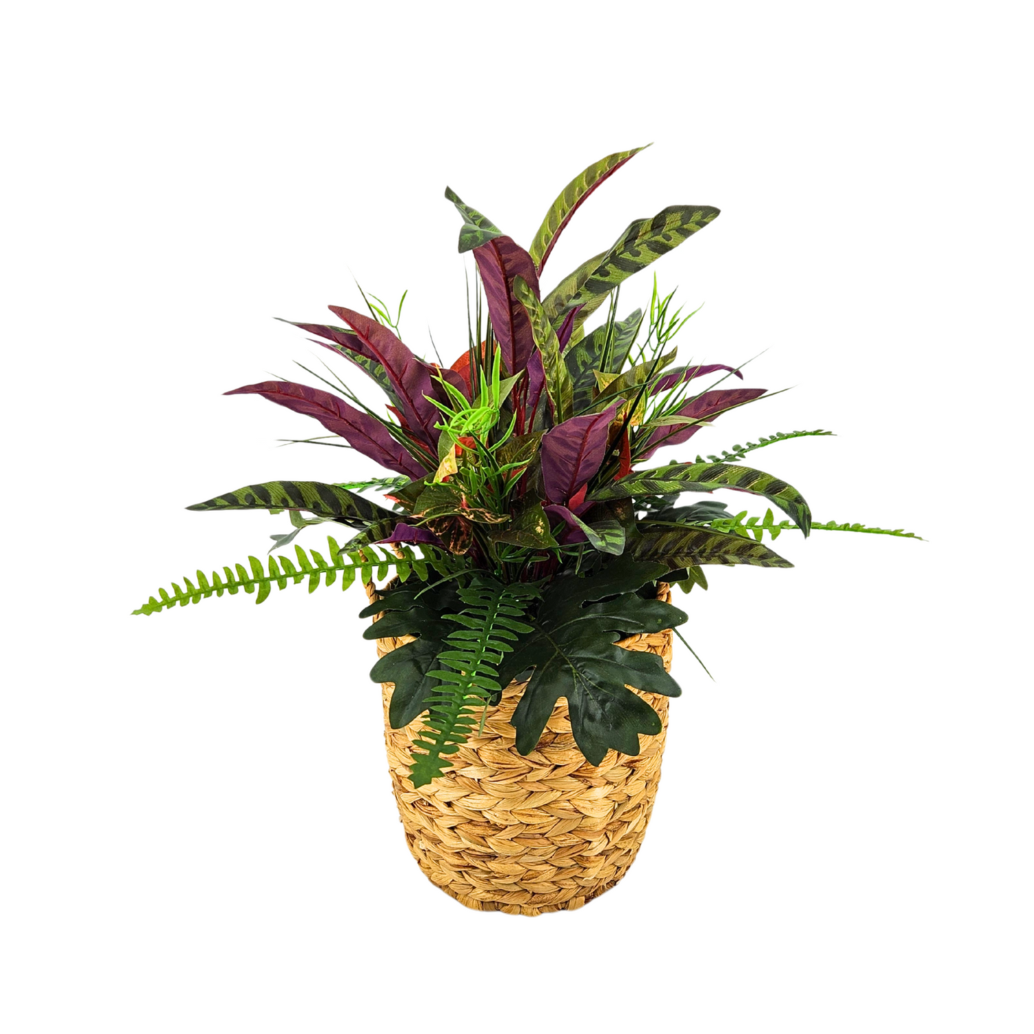 Artificial Peacock Greenery in Small Woven Basket