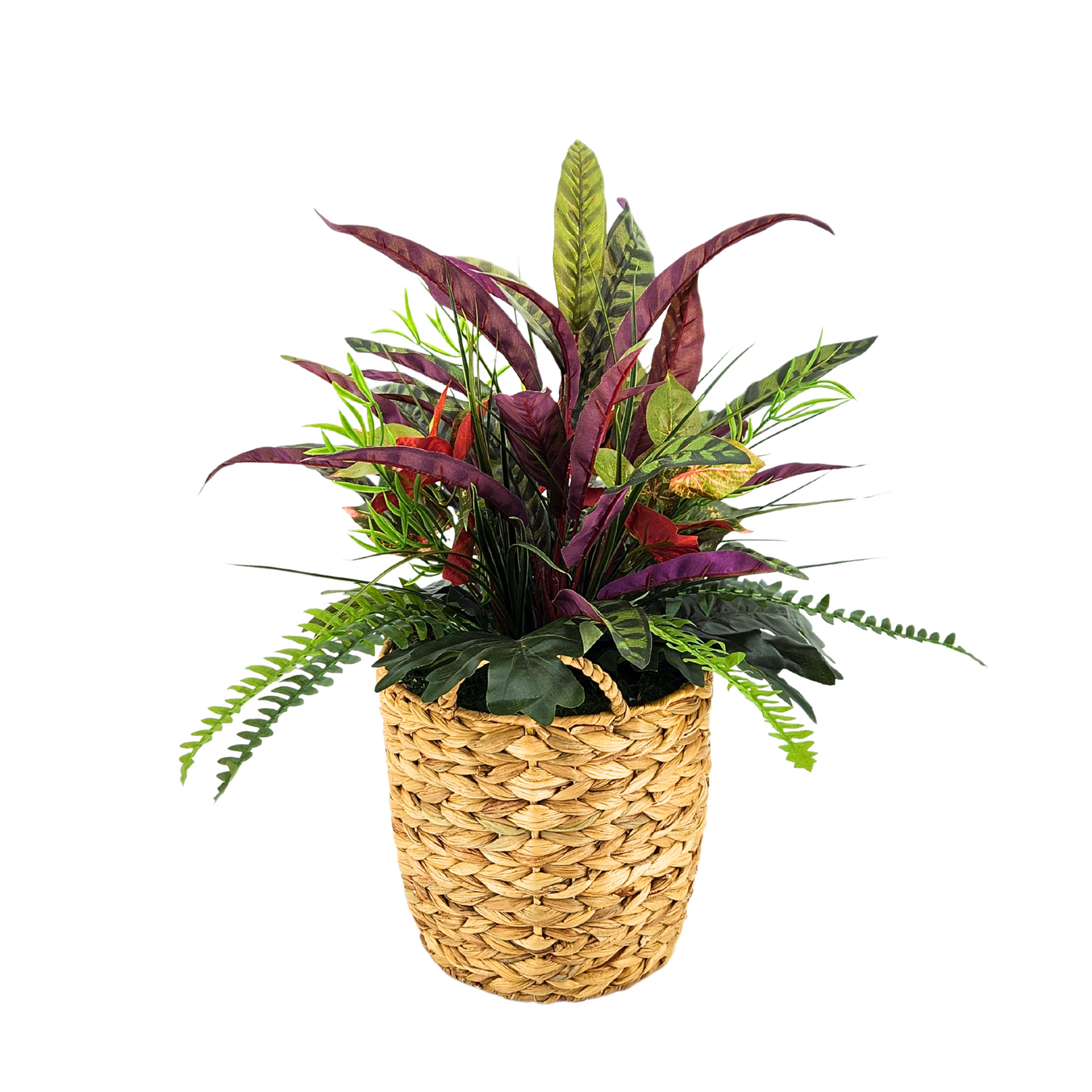 Artificial Peacock Greenery in Small Woven Basket