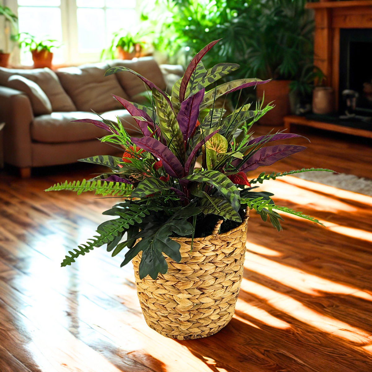 Artificial Peacock Greenery in Small Woven Basket in Home Environment