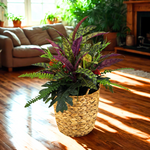 Artificial Peacock Greenery in Small Woven Basket in Home Environment