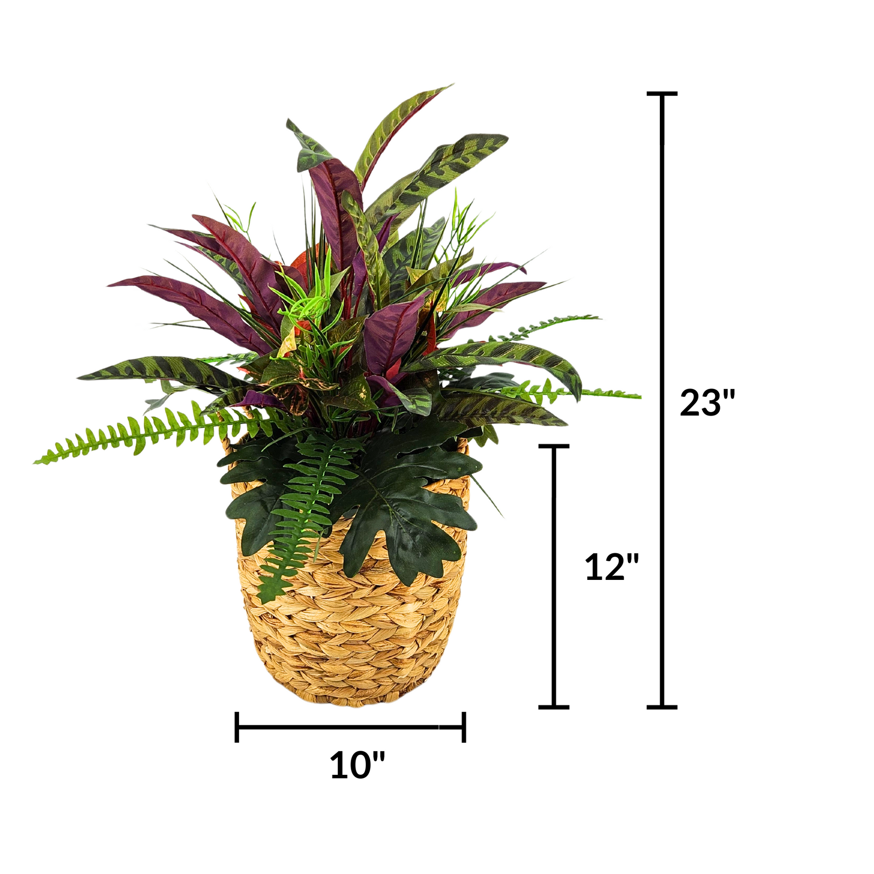 Artificial Peacock Greenery in Small Woven Basket measurements