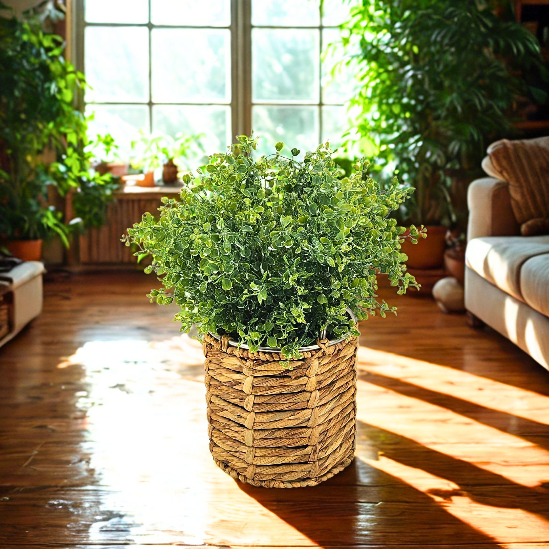 Artificial 20" Eucalyptus in Small Metal Laced Basket in Home Environment