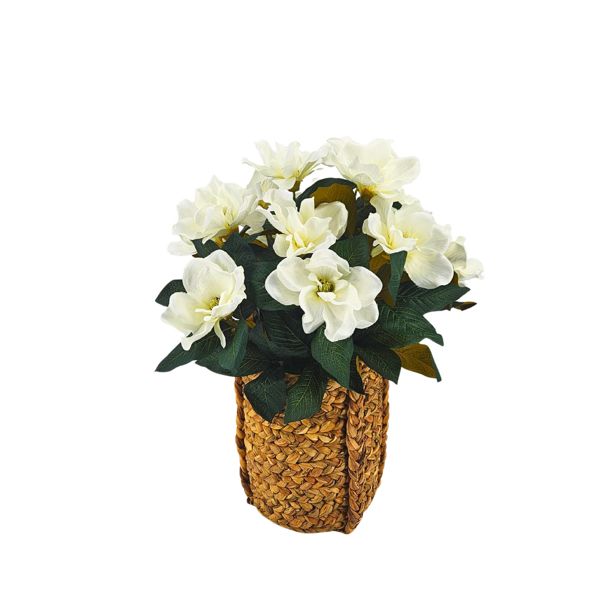 Artificial flower arrangement in a woven basket on a white background