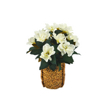 Artificial flower arrangement in a woven basket on a white background