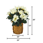 Artificial flower arrangement in a woven basket with dimensions on a white background