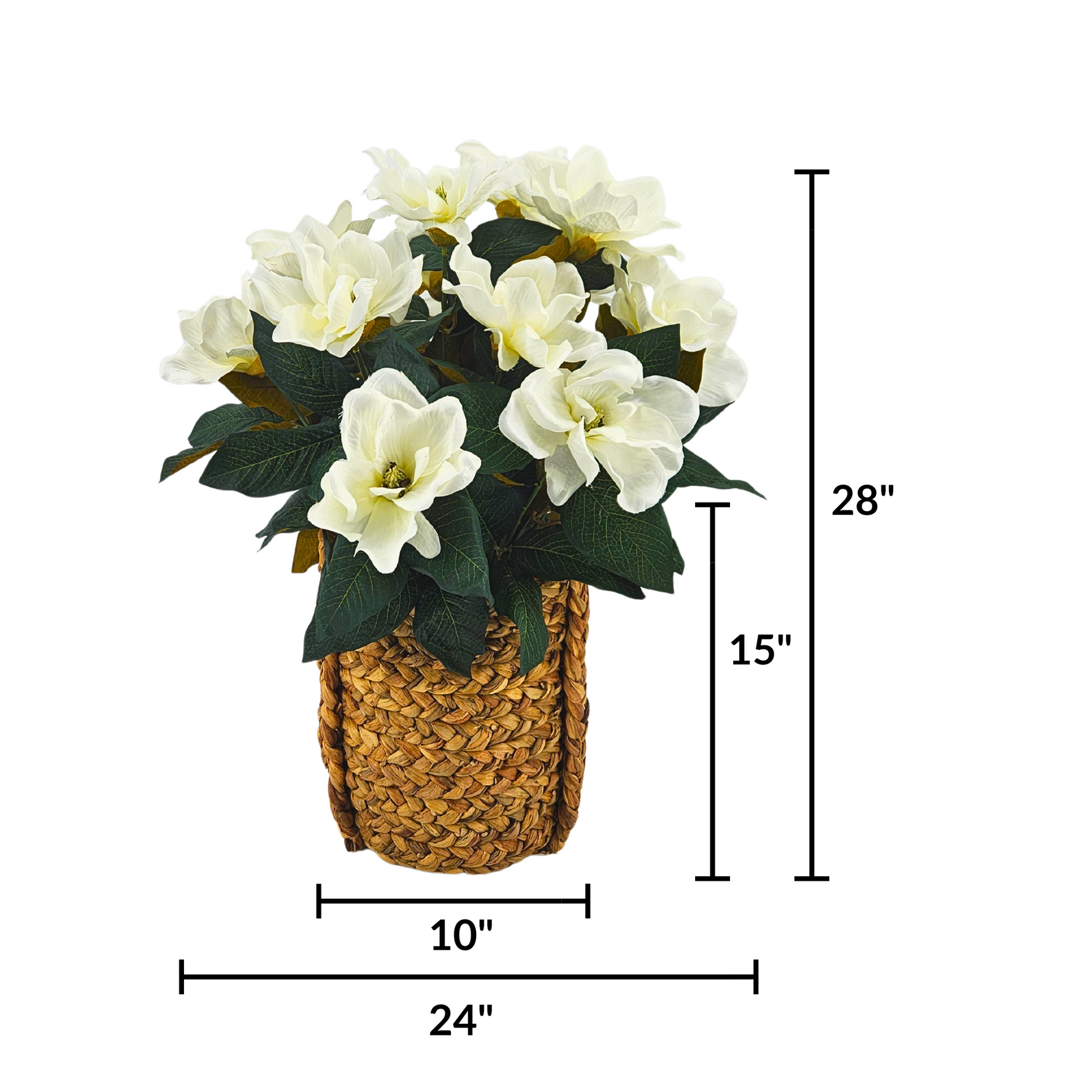 Artificial flower arrangement in a woven basket with dimensions on a white background
