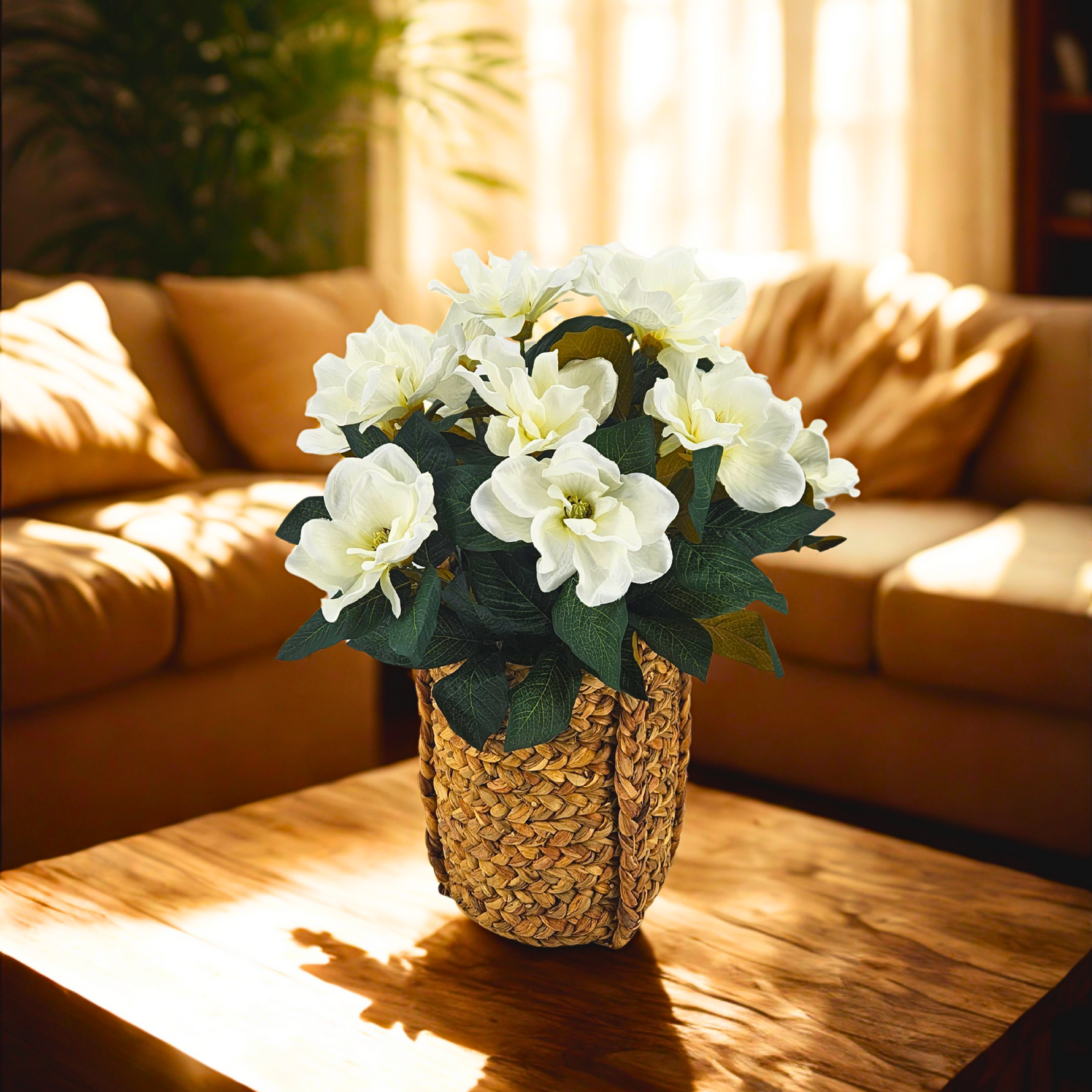 Magnolia bush in hand woven basket on coffee table