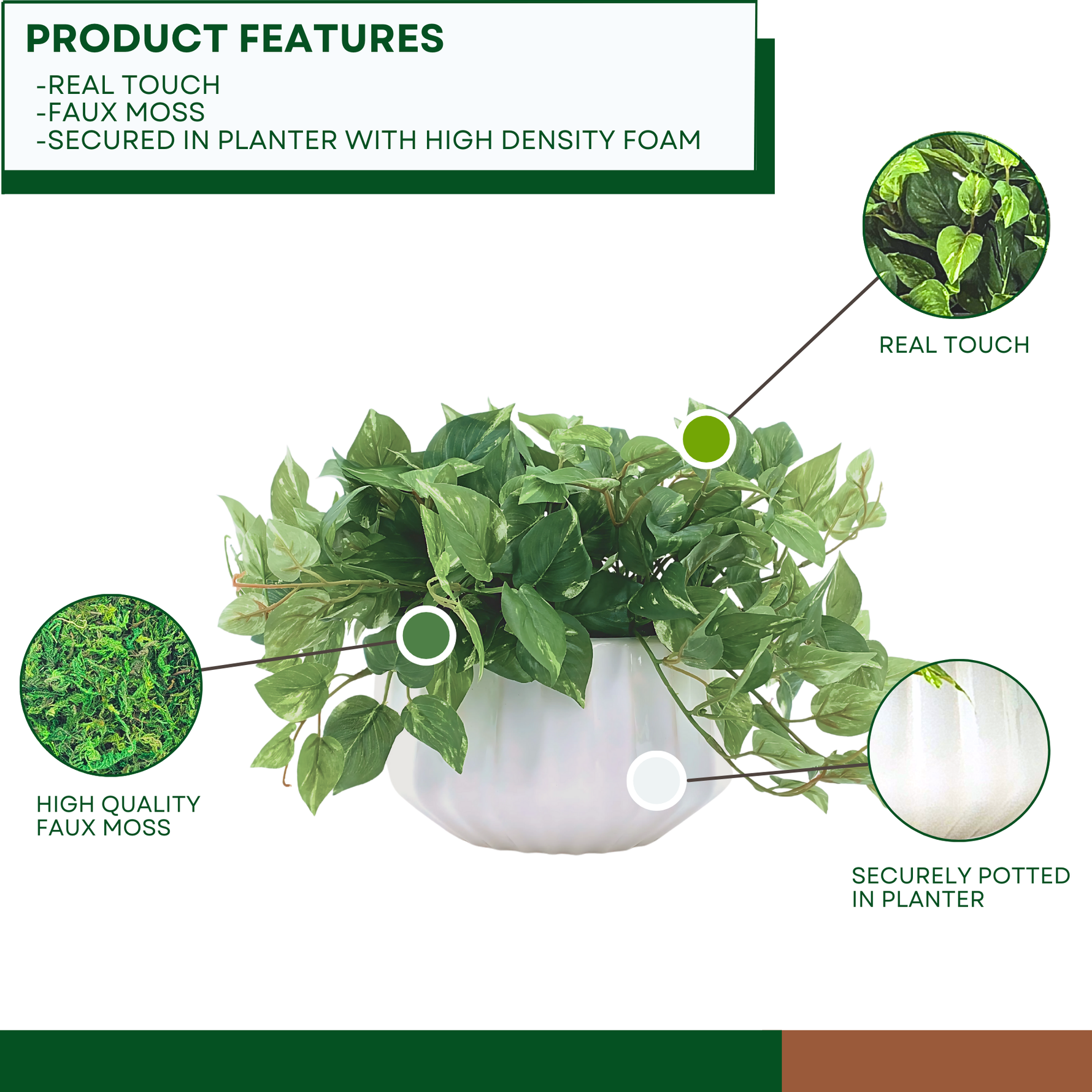 Faux 10" pothos in white prism ceramic against a white background, highlighting product features, by House of Silk Flowers.