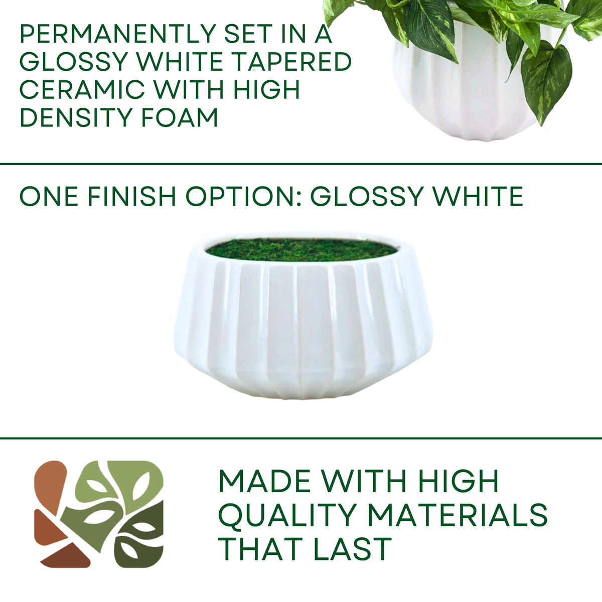 Faux 10" pothos in white prism ceramic against a white background, featuring product options, by House of Silk Flowers.