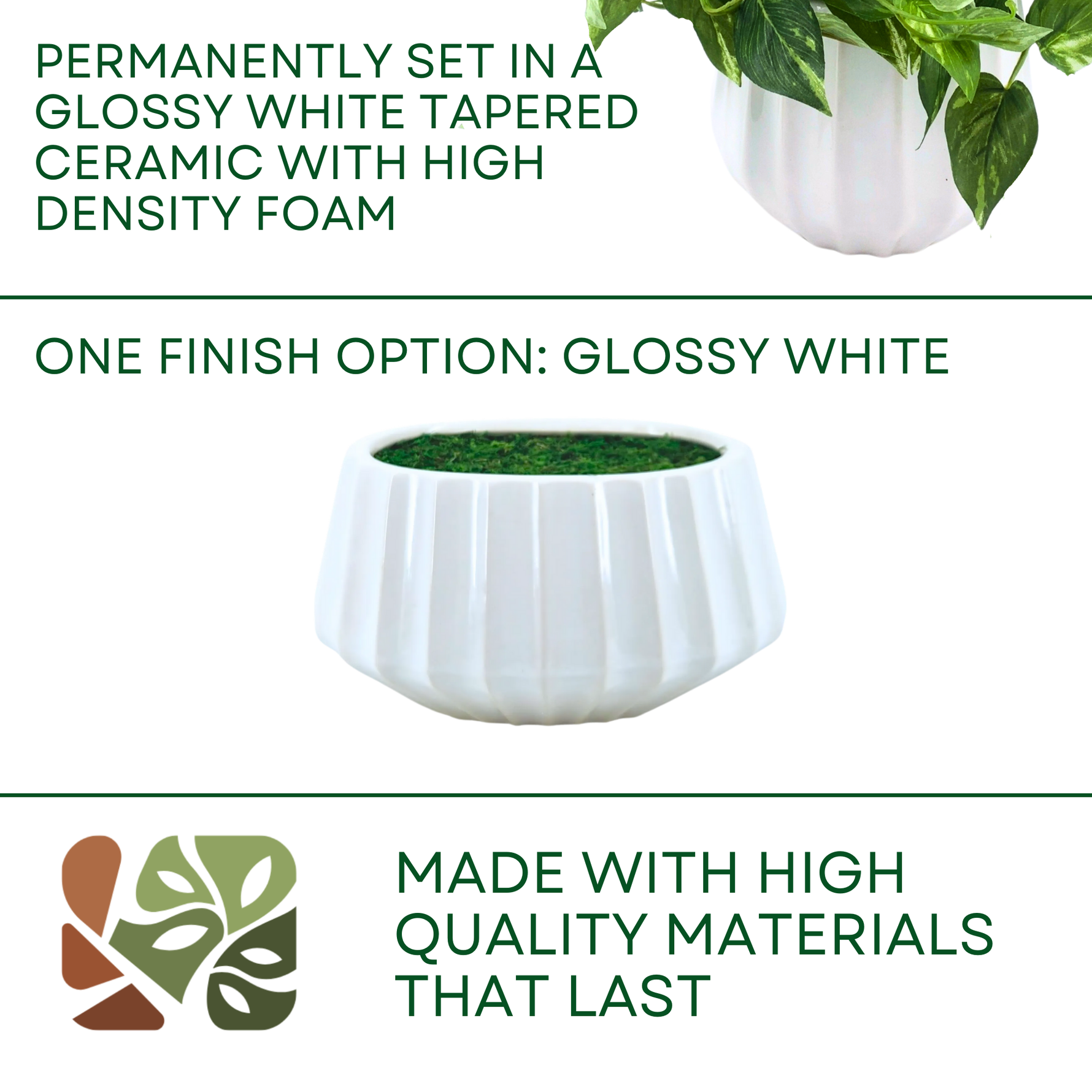 Faux 10" pothos in white prism ceramic against a white background, featuring product options, by House of Silk Flowers.