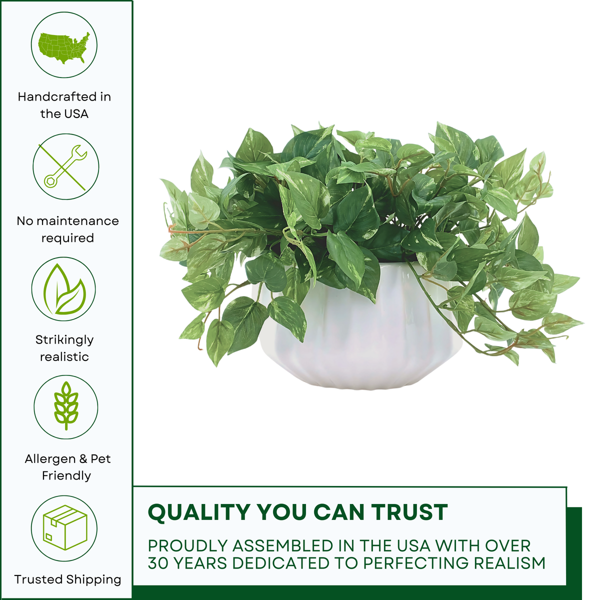 Faux 10" pothos in white prism ceramic against a white background, featuring quality assurances, by House of Silk Flowers.
