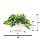 Artificial green plant in a white pot with measurements on a white background by House of Silk Flowers