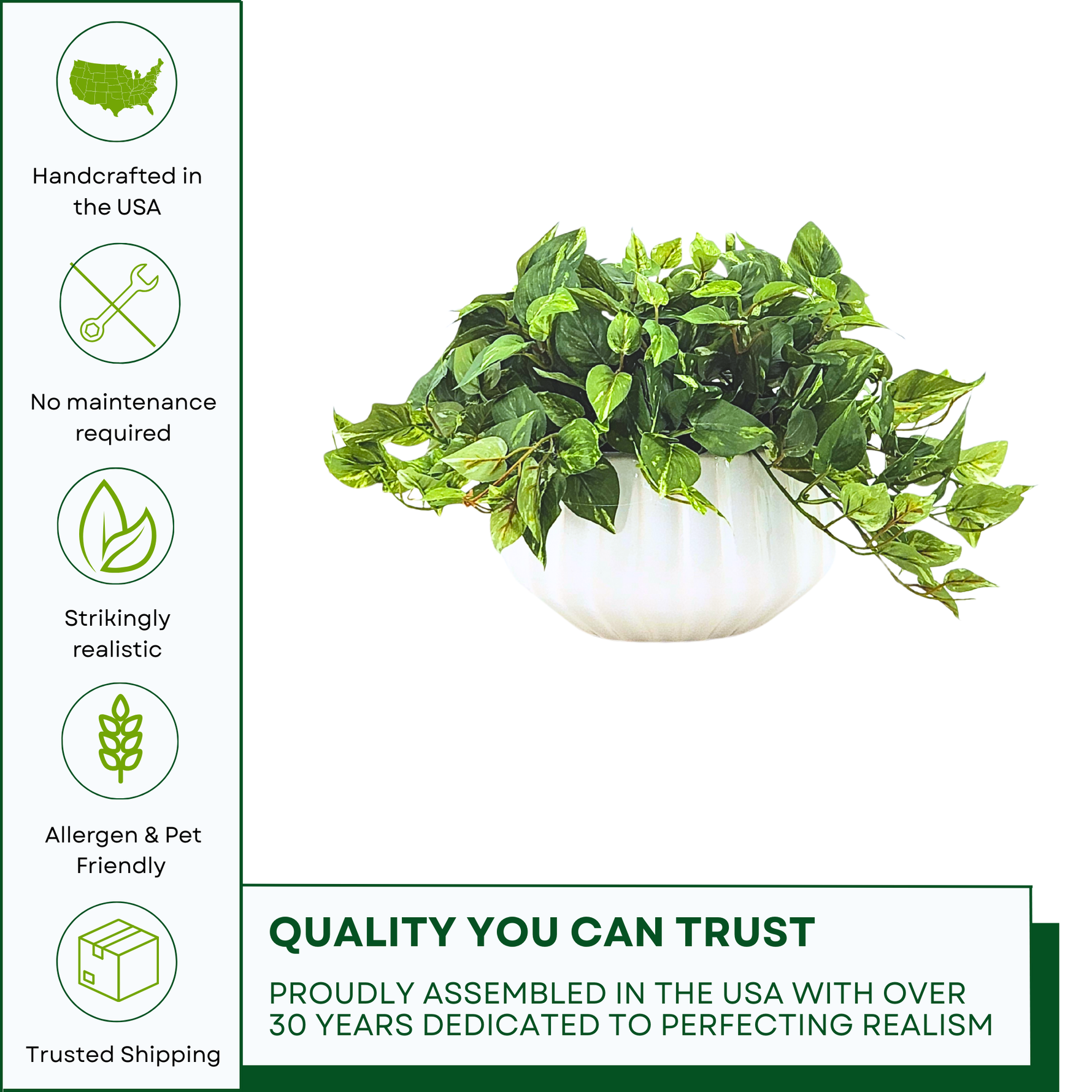 Artificial green plant in a white pot on a white background with quality assurances by House of Silk Flowers
