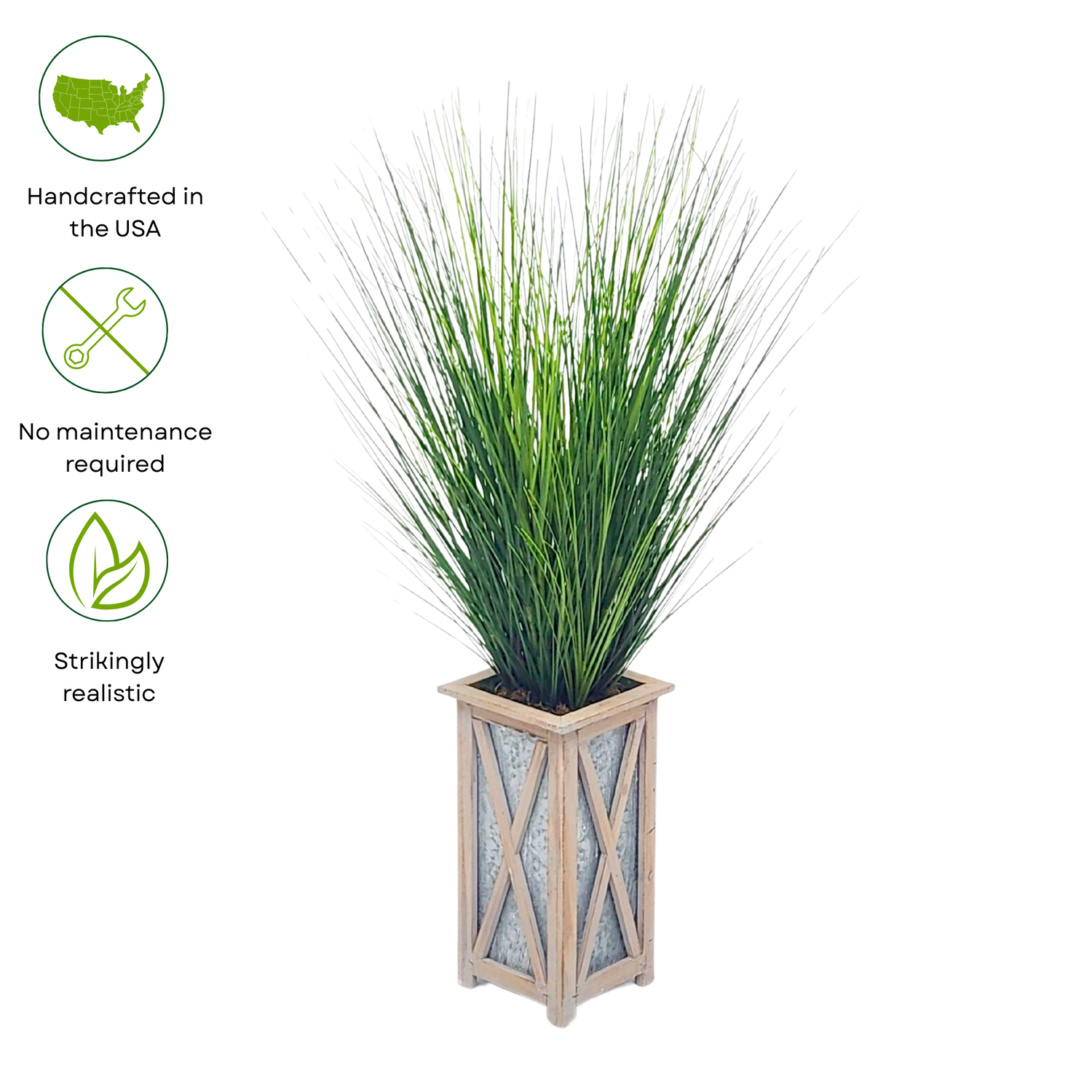 Grass in white wood/metal planter by House of Silk Flowers details