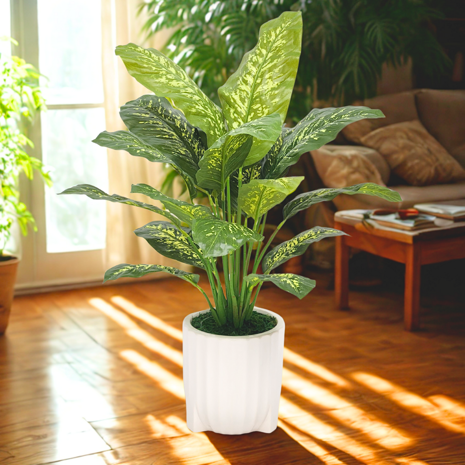 Spathphyllum in Glossy White Ribbed Ceramic Tripod by House of Silk Flowers environment