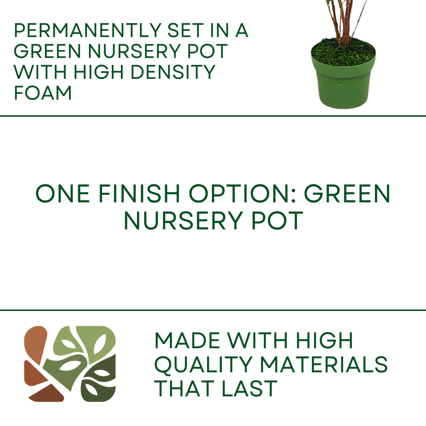 Green nursery pot with text about permanency, finish option, and material quality by House of Silk Flowers