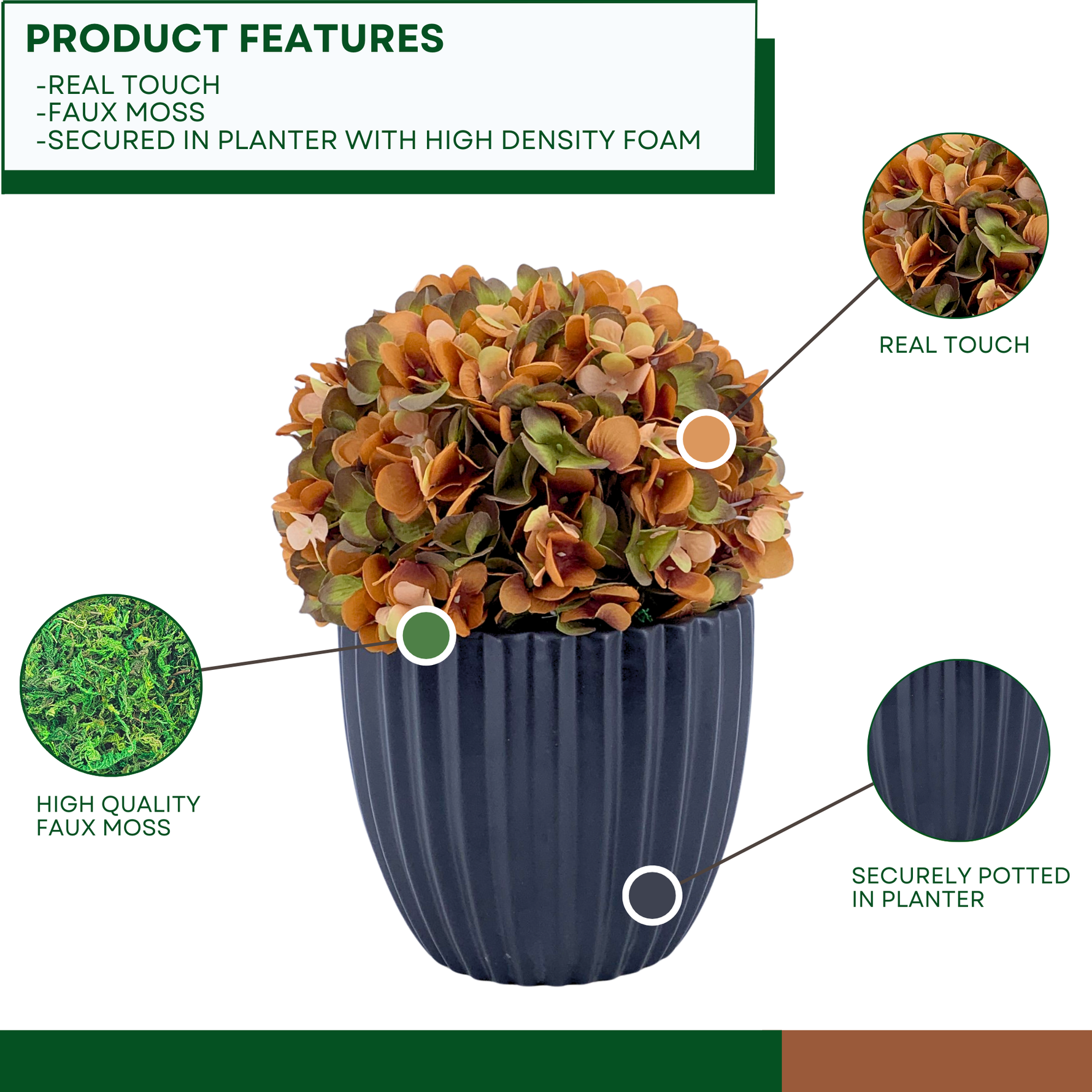 Artificial hydrangea with autumnal colors in a Matte Black Ceramic, with product features presented, by House of Silk Flowers 