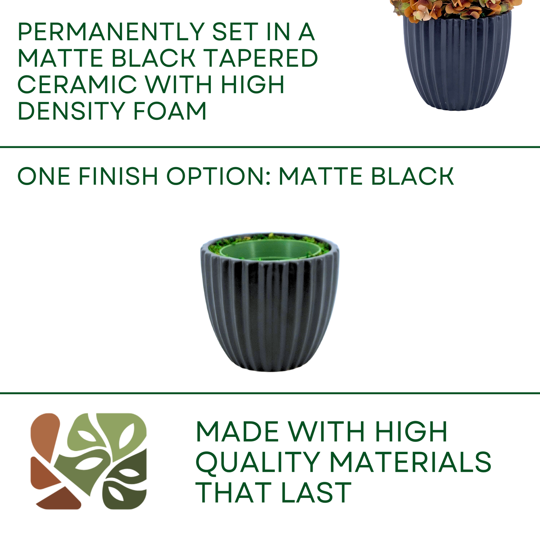 Artificial hydrangea with autumnal colors in a Matte Black Ceramic, featuring finish options, by House of Silk Flowers 