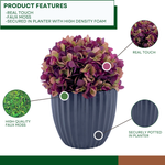 Artificial hydrangea with varying purple colors in a Matte Black Ribbed Ceramic, with product features, by House of Silk Flowers