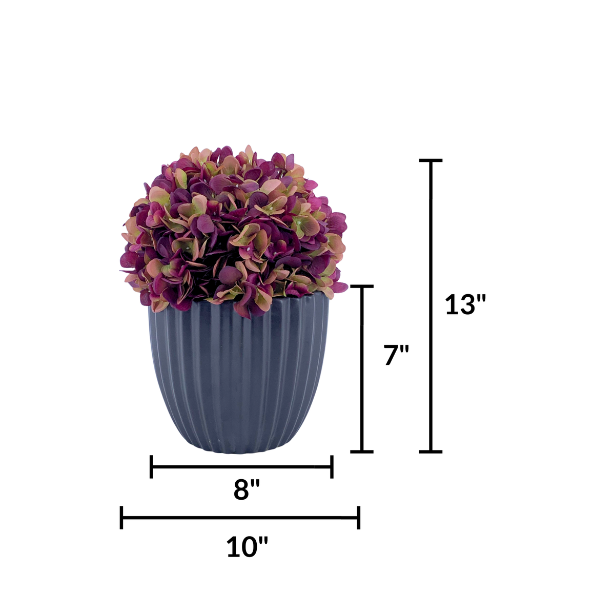 Artificial hydrangea with varying purple colors in a Matte Black Ribbed Ceramic, featuring product dimensions, by House of Silk Flowers