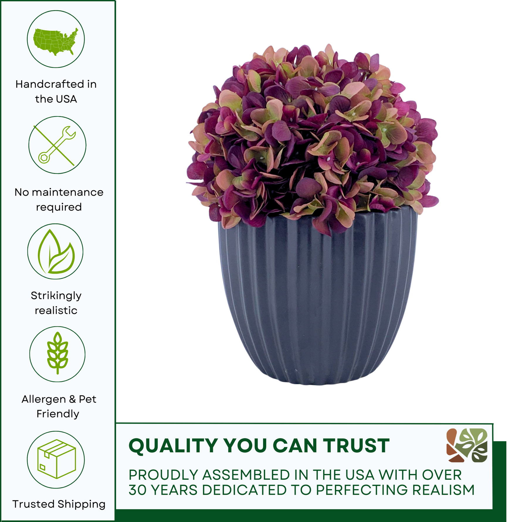 Artificial hydrangea with varying purple colors in a Matte Black Ribbed Ceramic, featuring quality assurances, by House of Silk Flowers