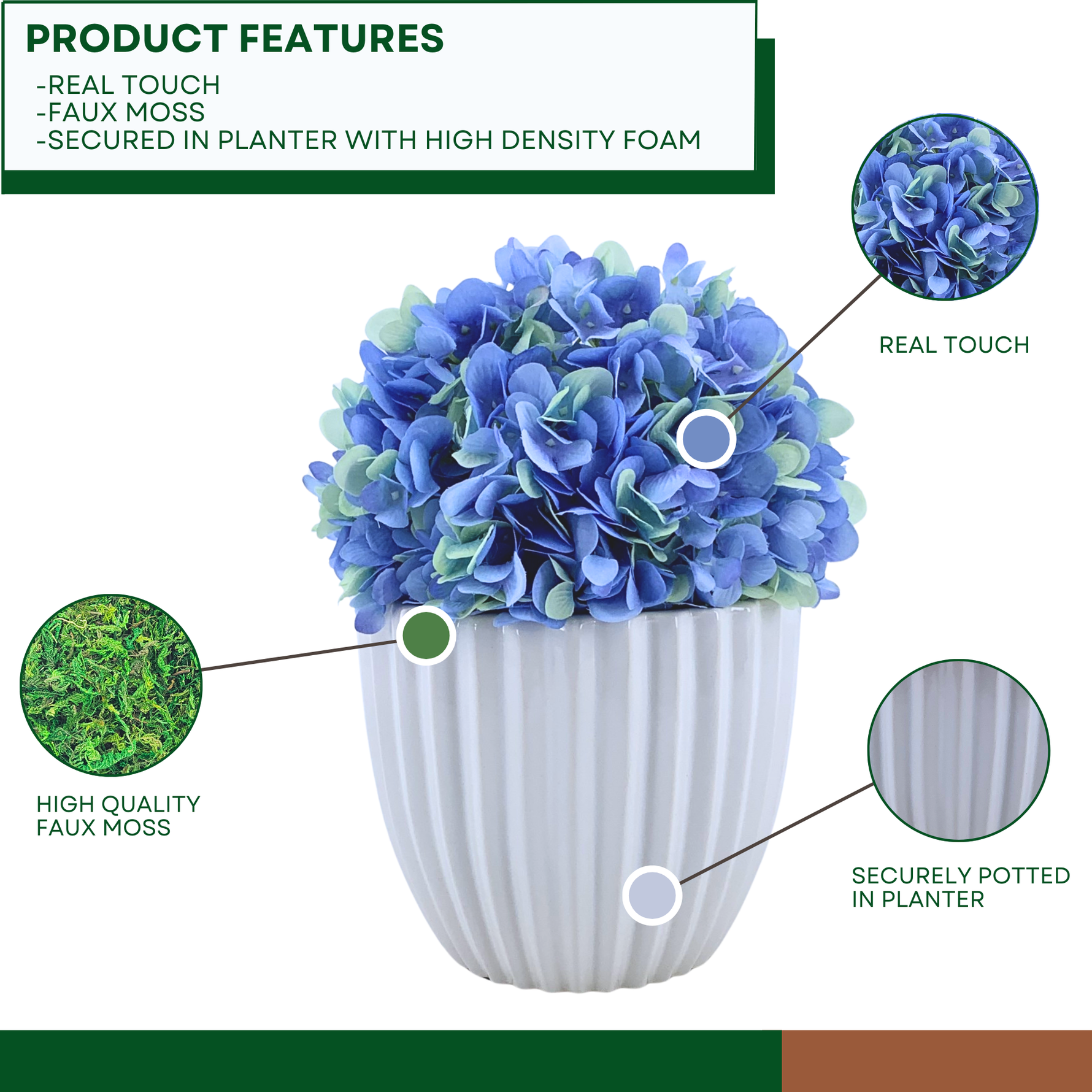 Artificial Hydrangea in Blue in a Glossy White Ceramic with product features by House of Silk Flowers 