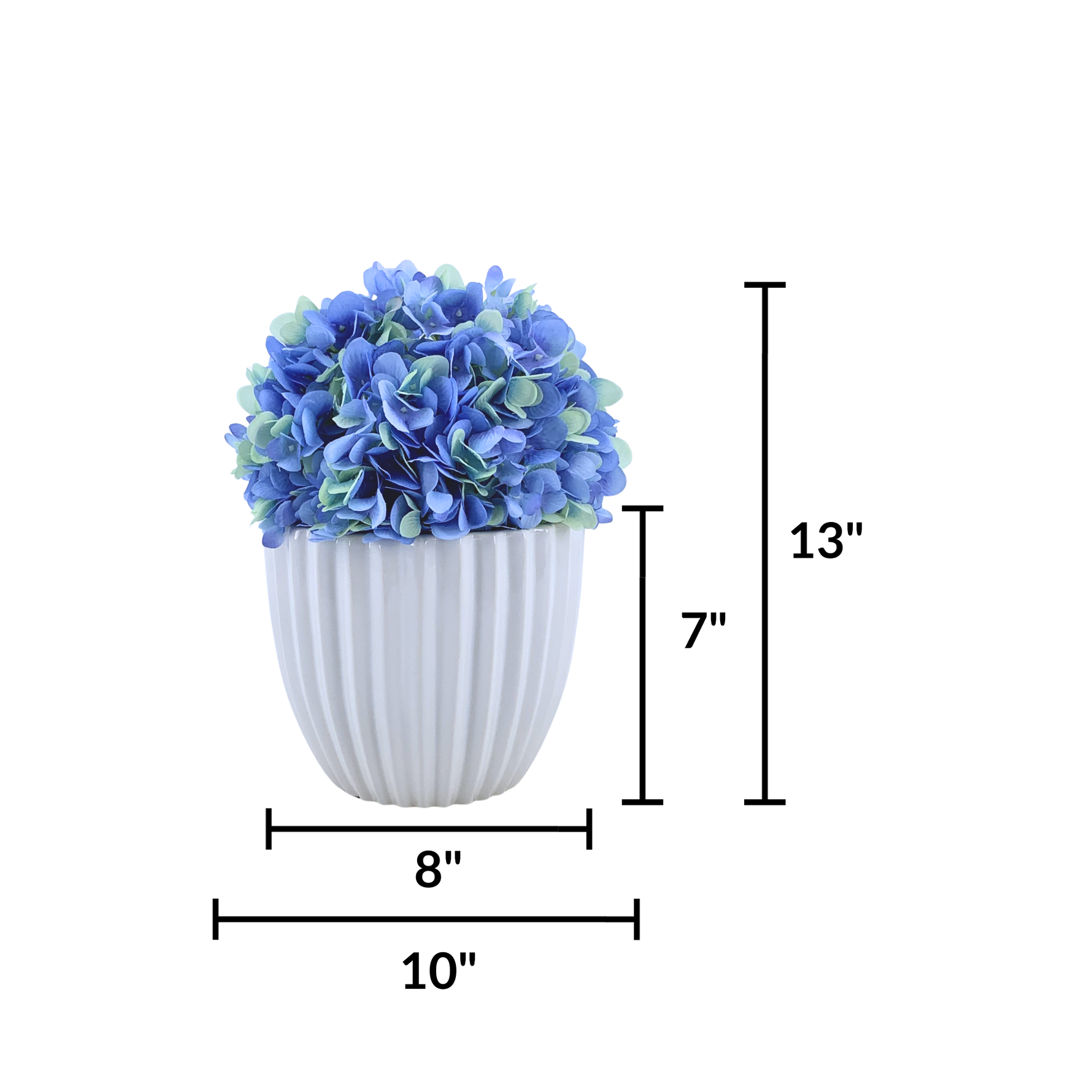 Artificial Hydrangea in Blue in a Glossy White Ceramic featuring product dimensions by House of Silk Flowers 