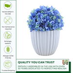 Artificial Hydrangea in Blue in a Glossy White Ceramic featuring quality assurances by House of Silk Flowers 