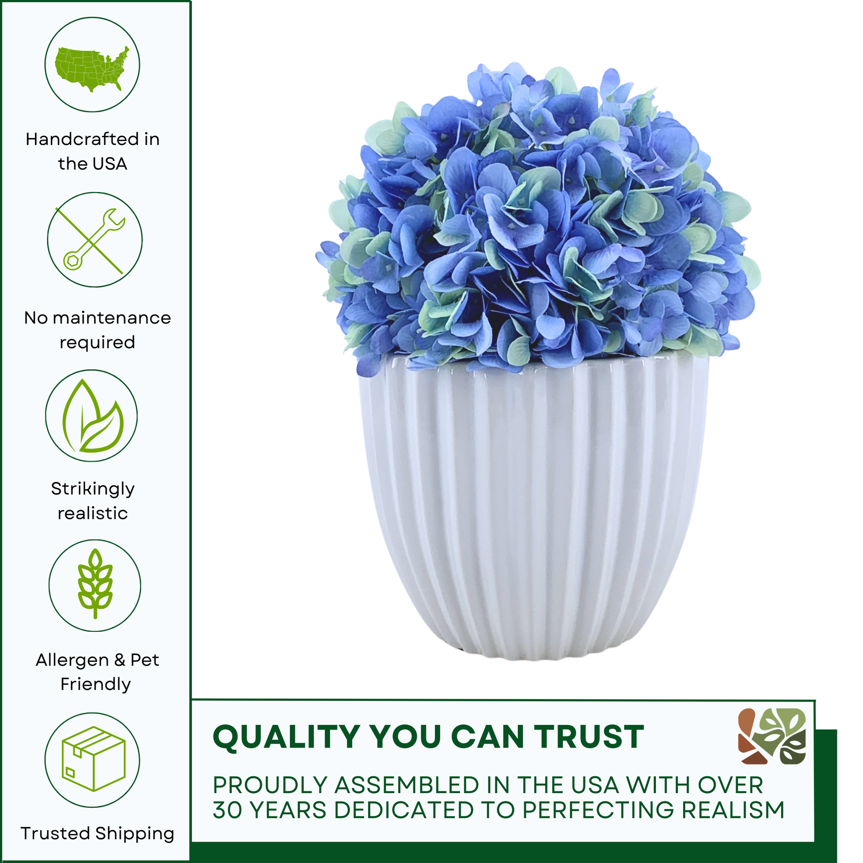 Artificial Hydrangea in Blue in a Glossy White Ceramic featuring quality assurances by House of Silk Flowers 