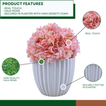 Artificial Hydrangea in pink in a Glossy White Ceramic with product features by House of Silk Flowers 