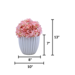 Artificial Hydrangea in pink in a Glossy White Ceramic featuring product dimensions by House of Silk Flowers 