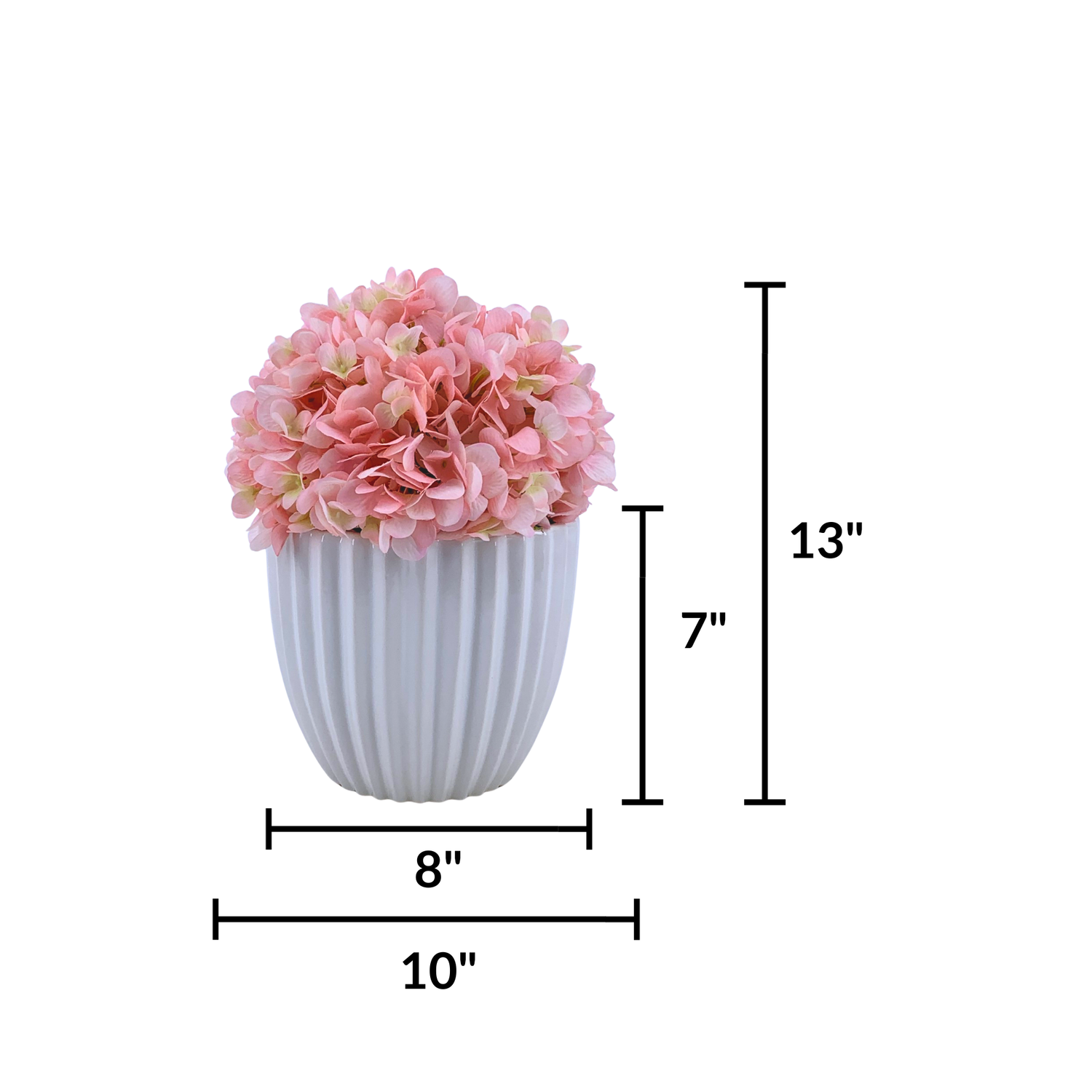 Artificial Hydrangea in pink in a Glossy White Ceramic featuring product dimensions by House of Silk Flowers 