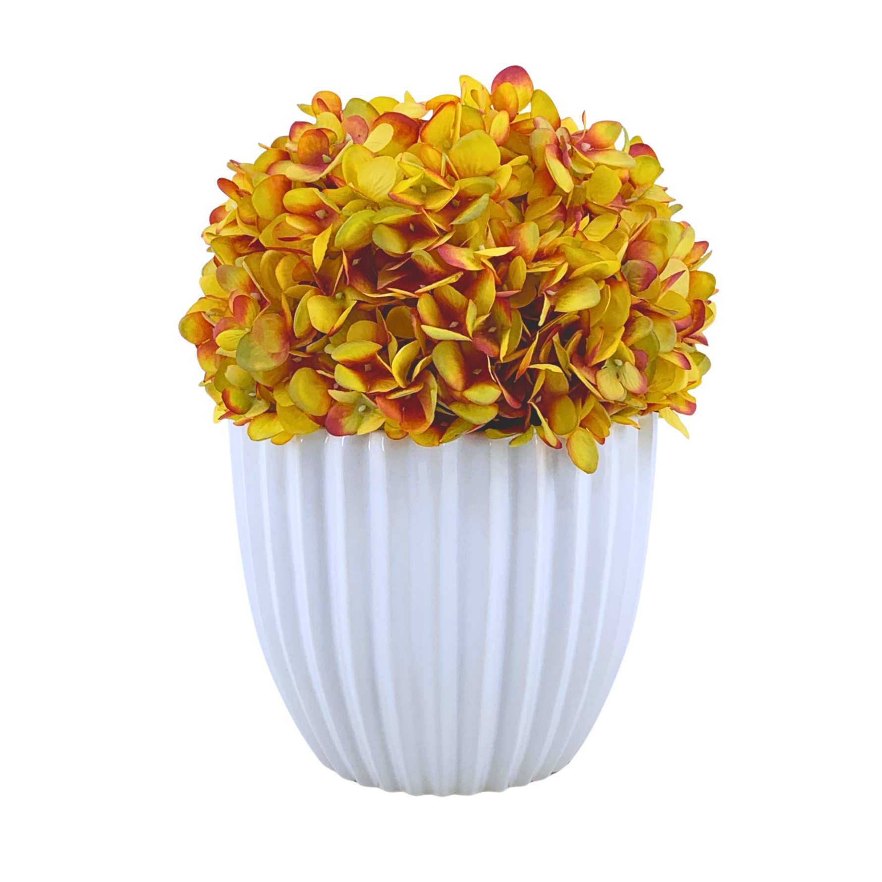 Artificial Hydrangea in Gold in a Glossy White Ceramic by House of Silk Flowers 