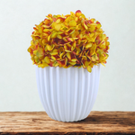 Artificial Hydrangea in Gold in a Glossy White Ceramic, on a wood counter on a white background, by House of Silk Flowers 