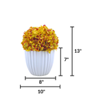 Artificial Hydrangea in Gold in a Glossy White Ceramic featuring product dimensions by House of Silk Flowers 
