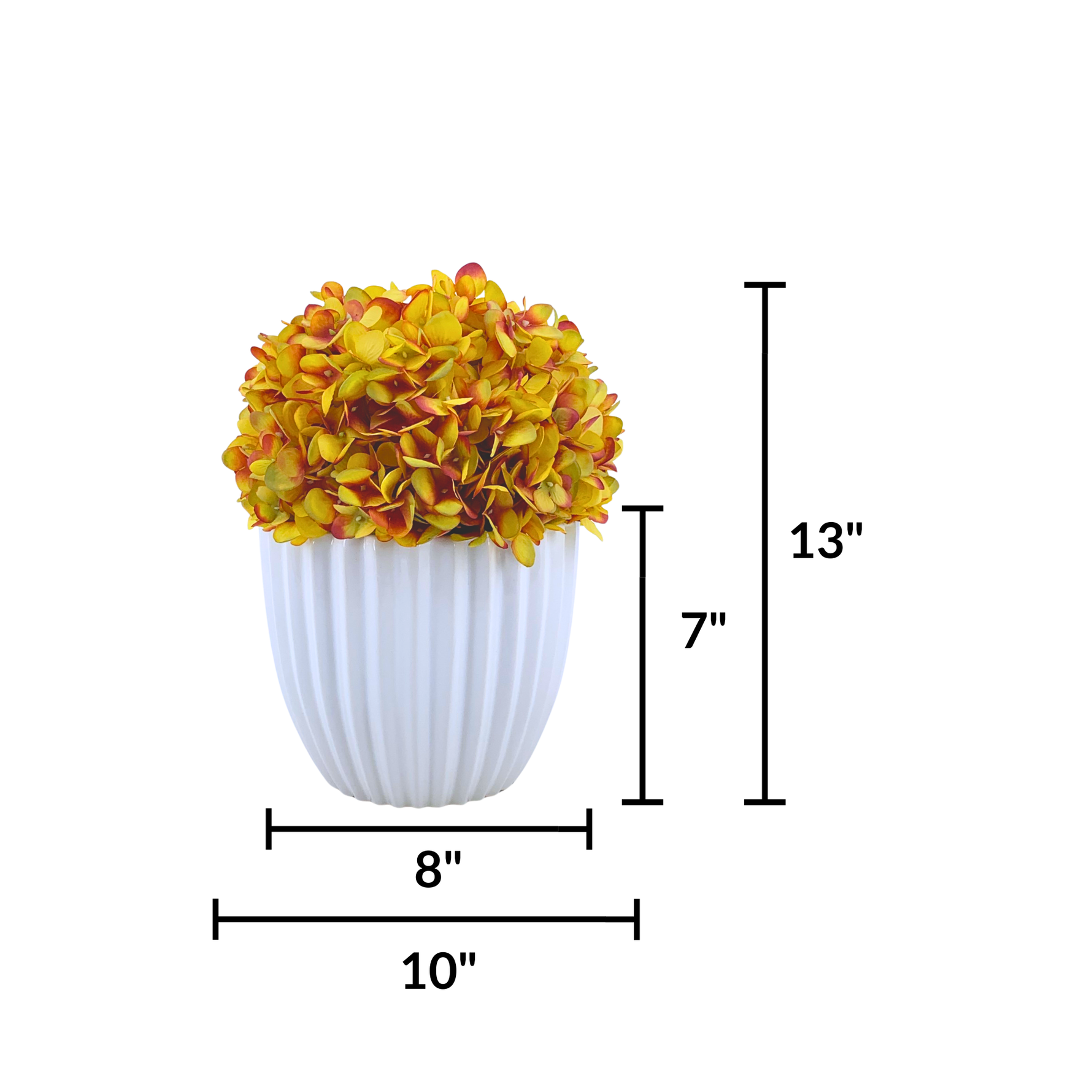 Artificial Hydrangea in Gold in a Glossy White Ceramic featuring product dimensions by House of Silk Flowers 