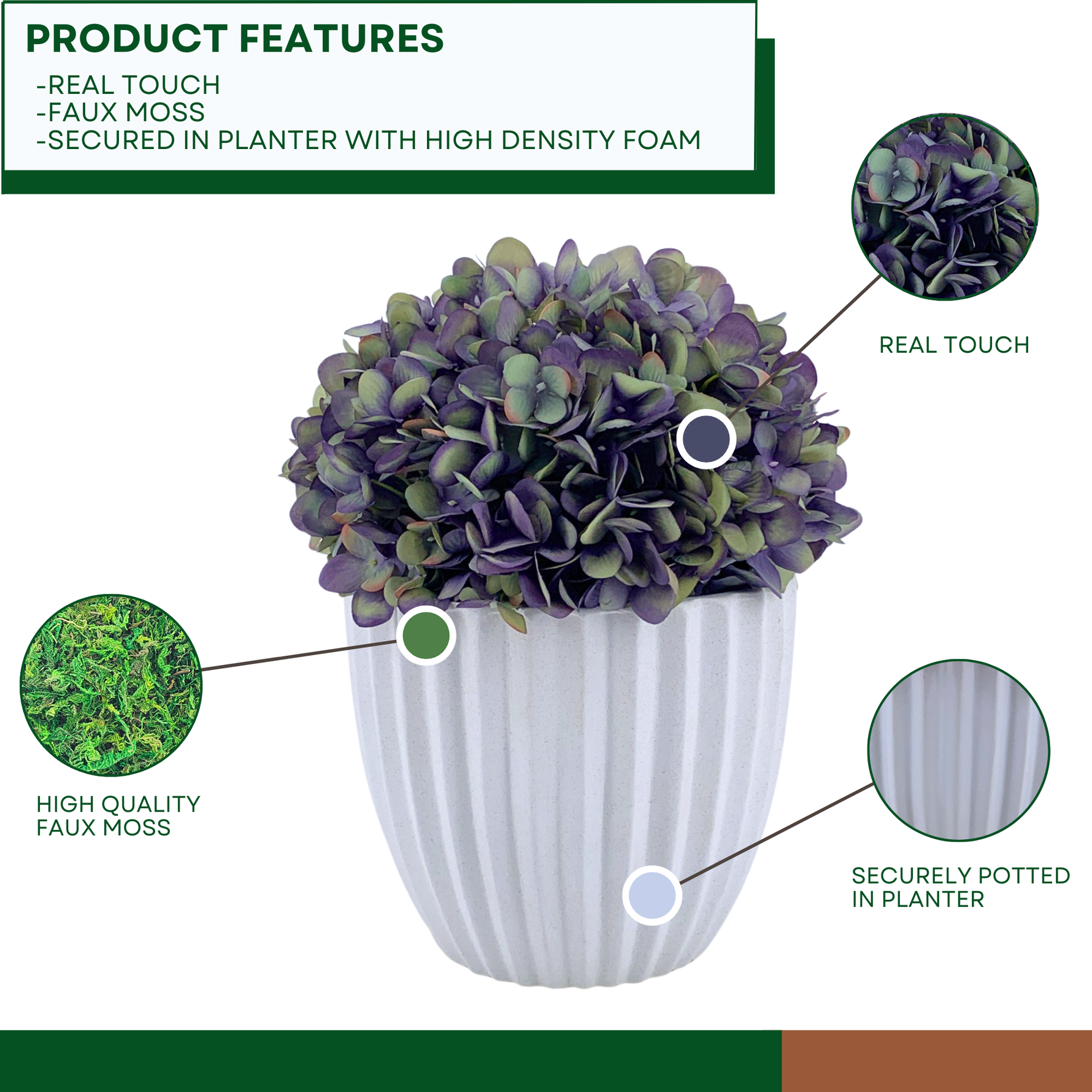 Artificial Hydrangea in Mauve in a Stone White Ceramic, with product features, by House of Silk Flowers 