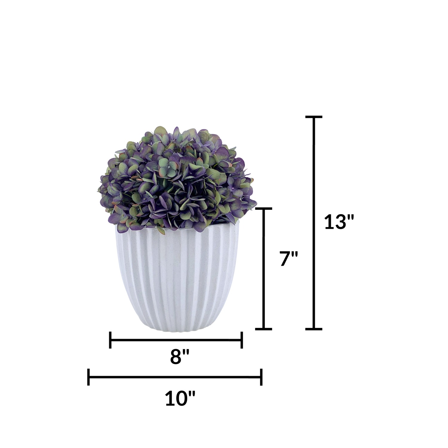 Artificial Hydrangea in Mauve in a Stone White Ceramic, featuring measurements, by House of Silk Flowers 