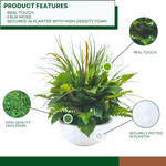 Artificial Mixed Greenery in Glossy White Dimpled Ceramic Bowl on a white background, with product features, by House of Silk Flowers.