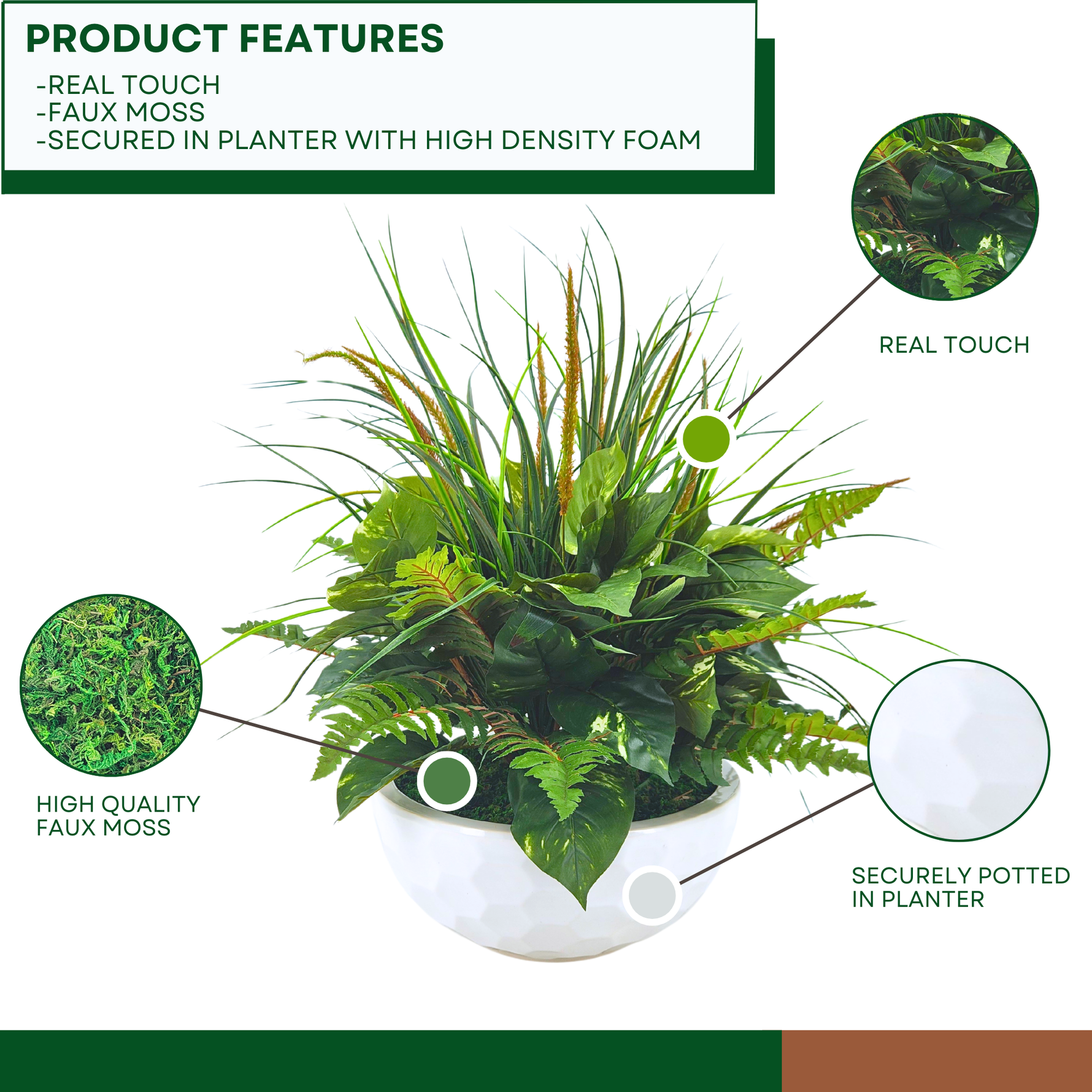 Artificial Mixed Greenery in Glossy White Dimpled Ceramic Bowl on a white background, with product features, by House of Silk Flowers.