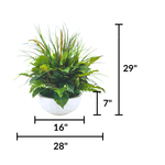 Artificial Mixed Greenery in Glossy White Dimpled Ceramic Bowl on a white background, featuring measurements, by House of Silk Flowers.