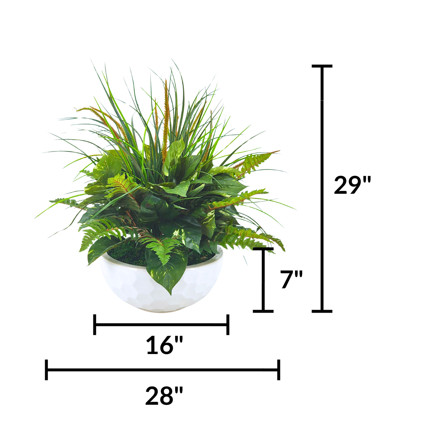 Artificial Mixed Greenery in Glossy White Dimpled Ceramic Bowl on a white background, featuring measurements, by House of Silk Flowers.