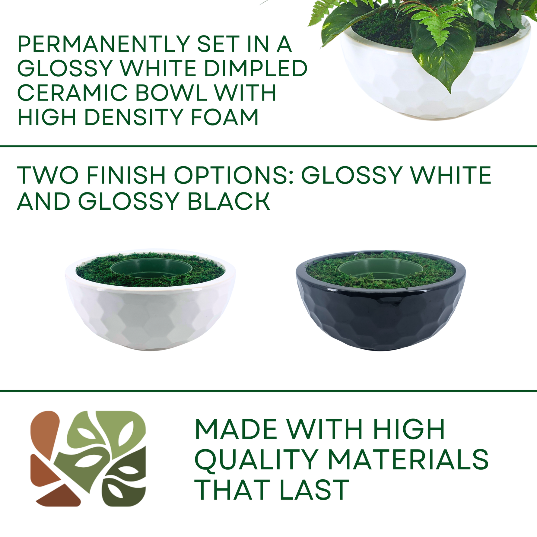 Artificial Mixed Greenery in Glossy White Dimpled Ceramic Bowl on a white background, featuring product options, by House of Silk Flowers.
