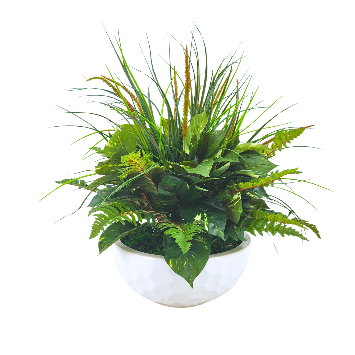 Artificial Mixed Greenery in Glossy White Dimpled Ceramic Bowl on a white background, by House of Silk Flowers.