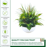 Artificial Mixed Greenery in Glossy White Dimpled Ceramic Bowl on a white background, featuring quality assurances, by House of Silk Flowers.