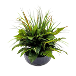 Artificial Mixed Greenery in Glossy Black Dimpled Ceramic Bowl on a white background, by House of Silk Flowers.